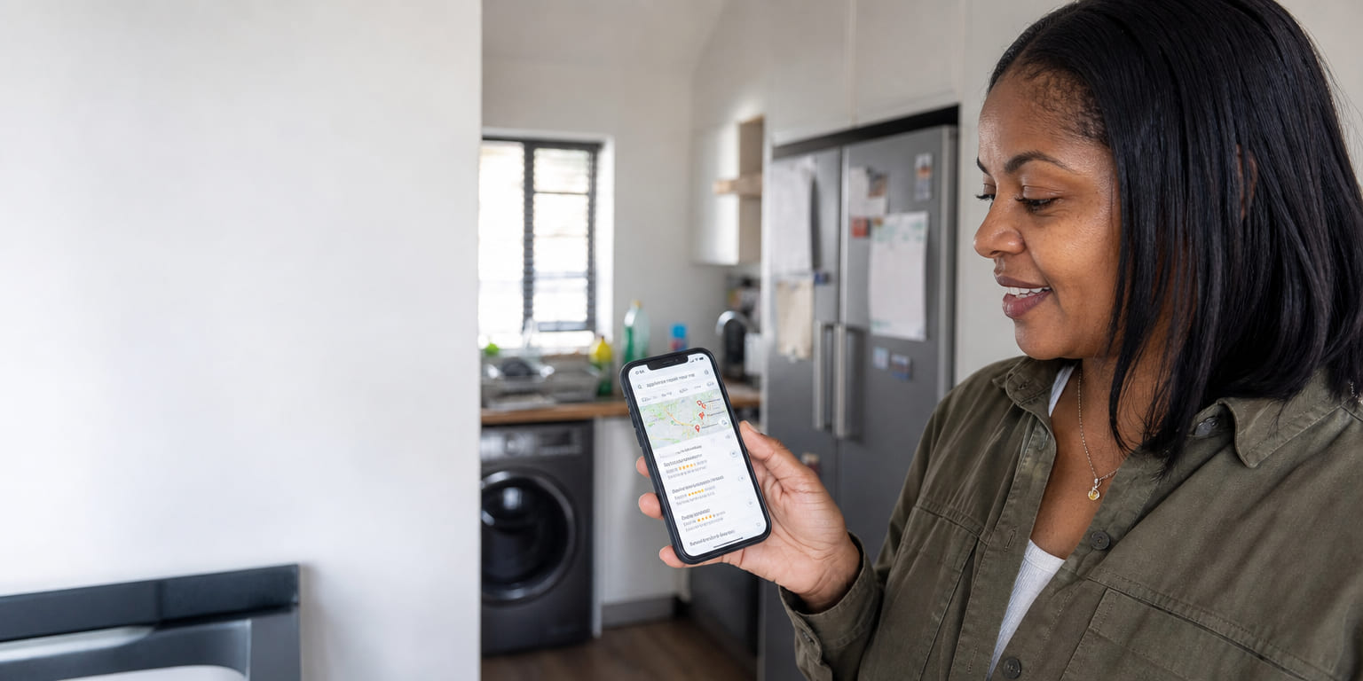 Homeowner searching for appliance repair near her and viewing Google's local map pack on her phone in the kitchen