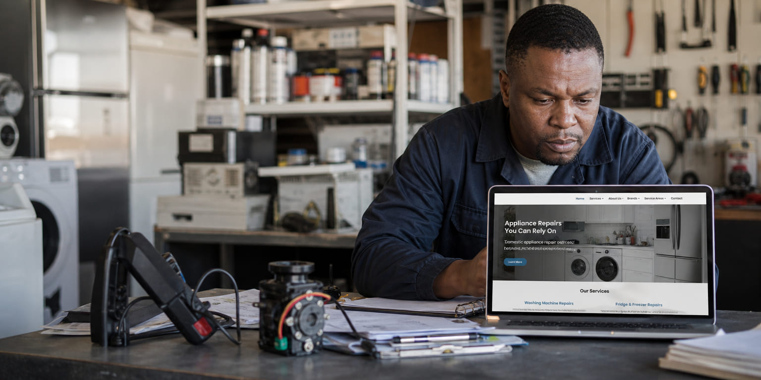 Appliance repair business owner viewing his website's service area and brand pages on a laptop in his workshop