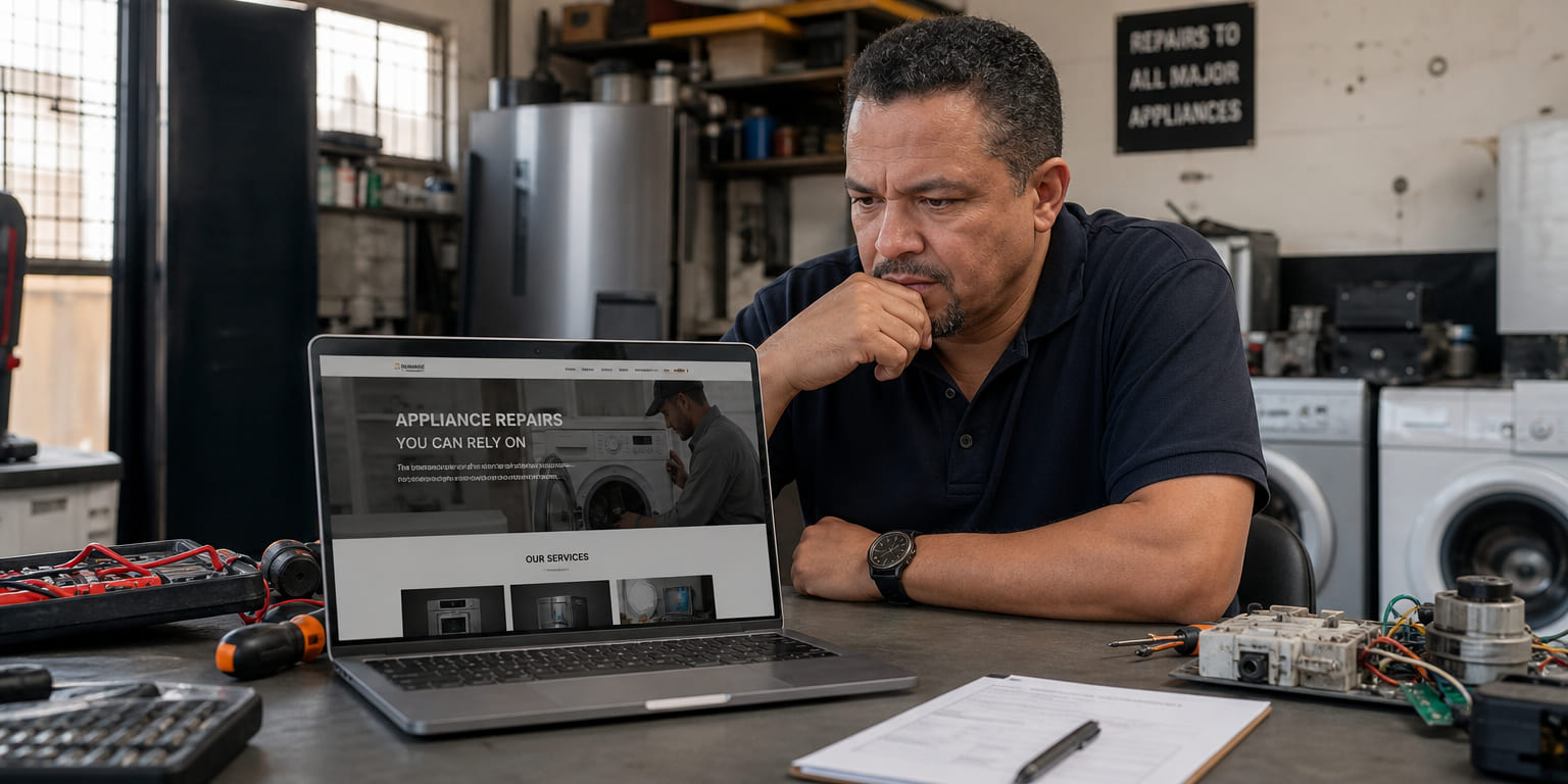 Appliance repair business owner reviewing his website on a laptop in his workshop, wondering why it gets visits but no calls